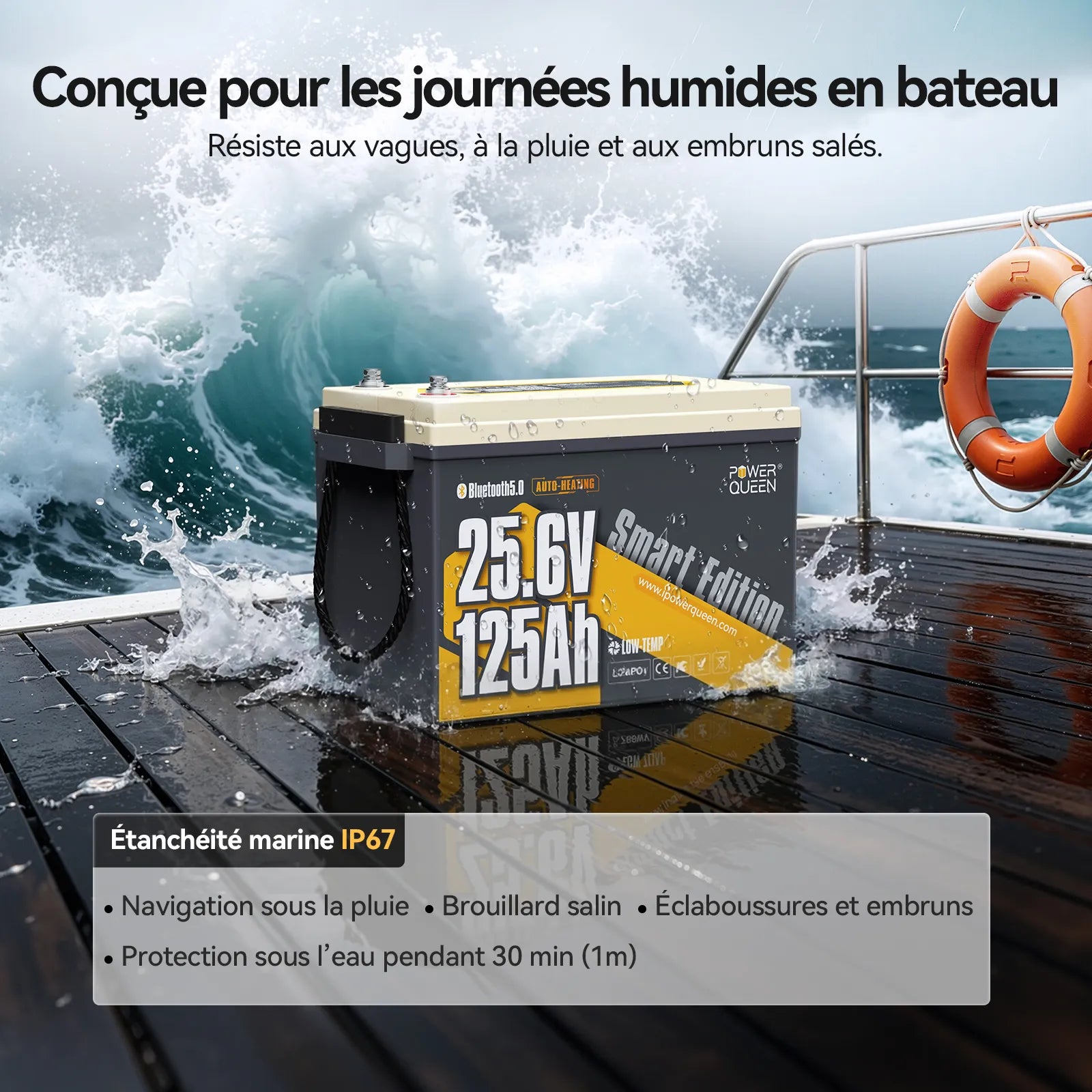 Power Queen Batterie Lithium 24V 125Ah Smart Bluetooth pour Moteur Électrique
