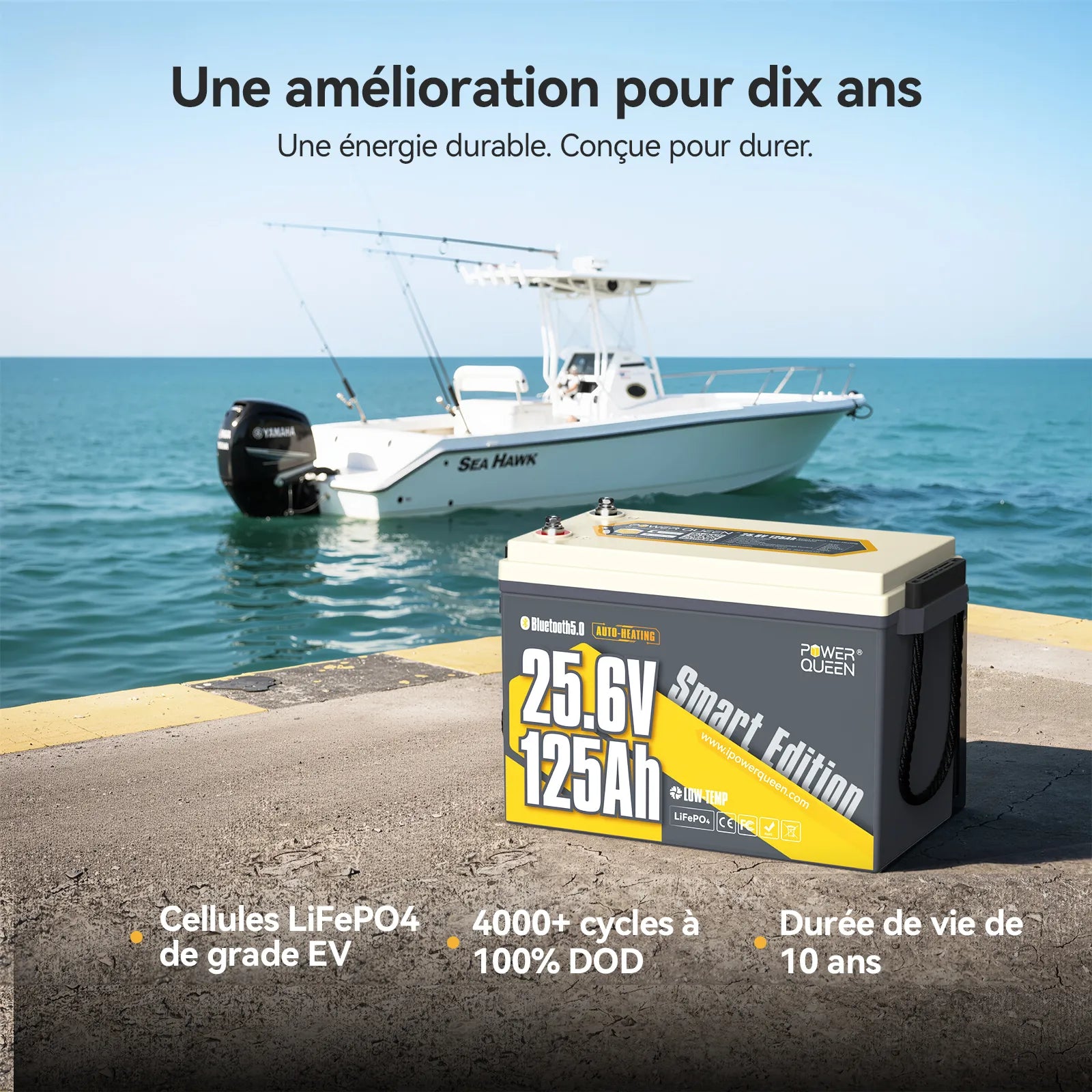 Power Queen Batterie Lithium 24V 125Ah Smart Bluetooth pour Moteur Électrique