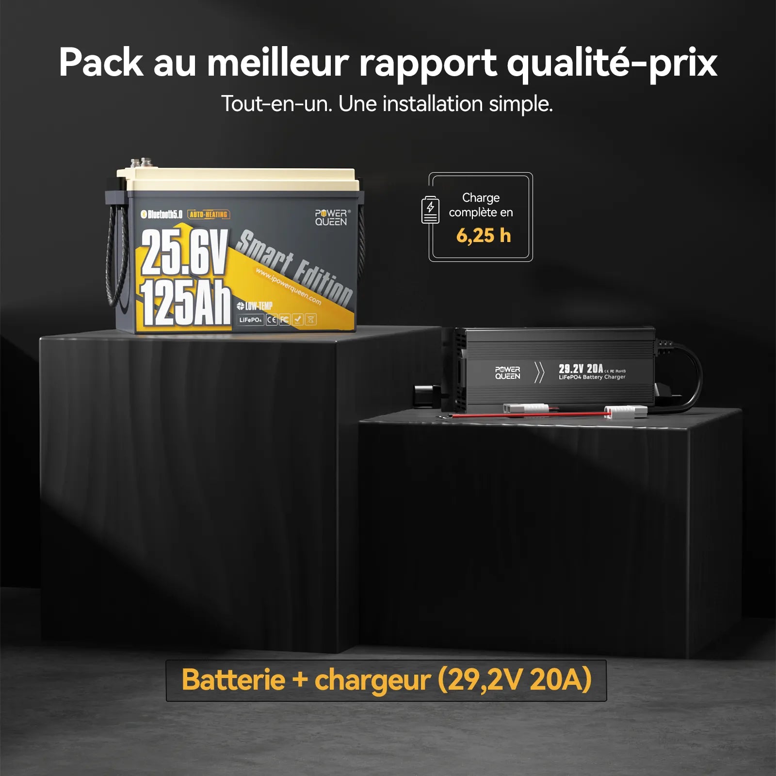 Power Queen Batterie Lithium 24V 125Ah Smart Bluetooth pour Moteur Électrique