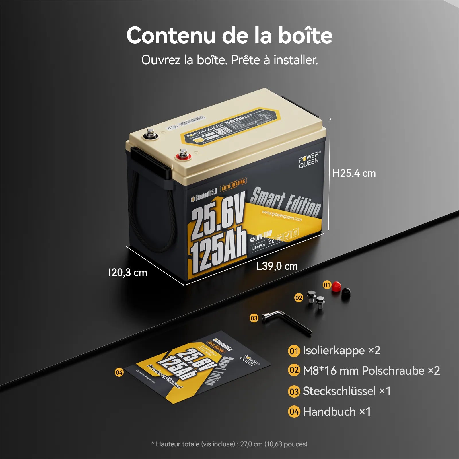 Power Queen Batterie Lithium 24V 125Ah Smart Bluetooth pour Moteur Électrique
