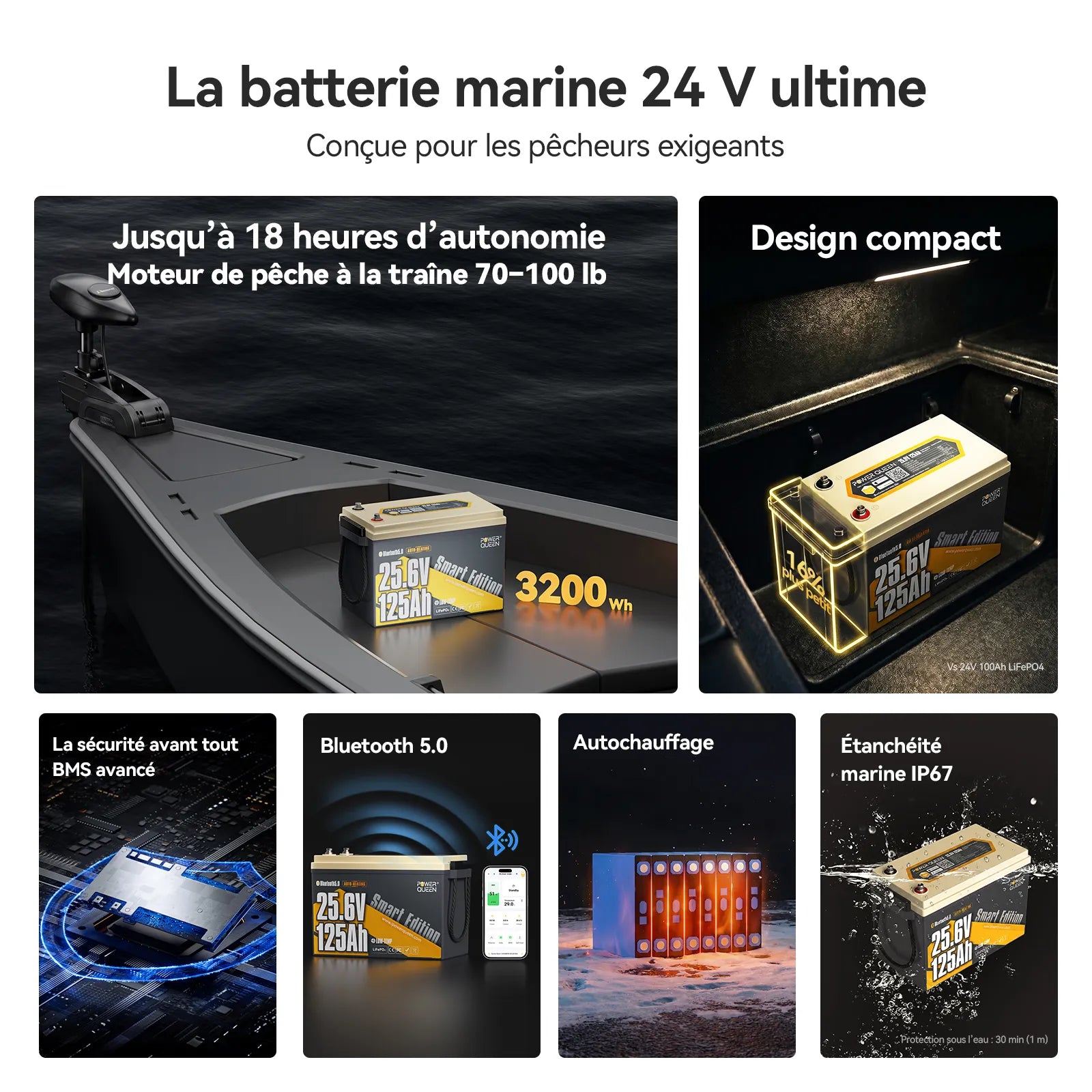 Power Queen Batterie Lithium 24V 125Ah Smart Bluetooth pour Moteur Électrique