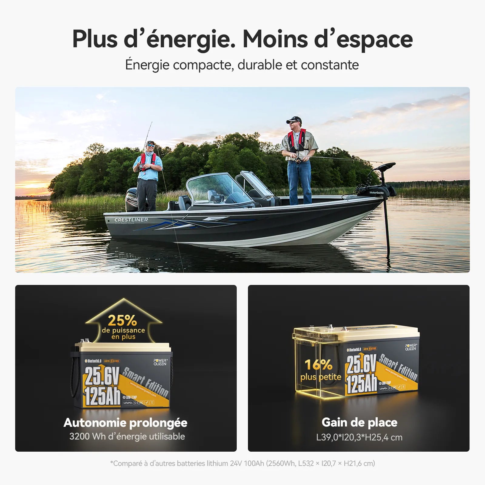 Power Queen Batterie Lithium 24V 125Ah Smart Bluetooth pour Moteur Électrique