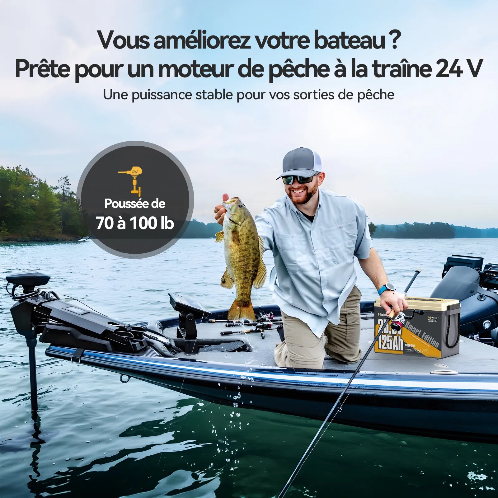 Power Queen Batterie Lithium 24V 125Ah Smart Bluetooth pour Moteur Électrique