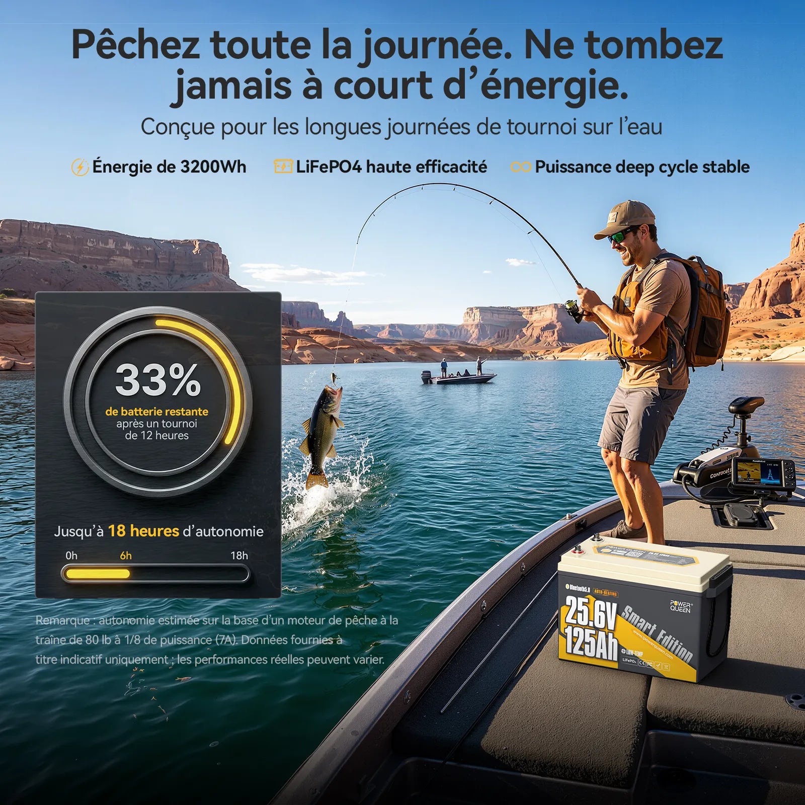 Power Queen Batterie Lithium 24V 125Ah Smart Bluetooth pour Moteur Électrique