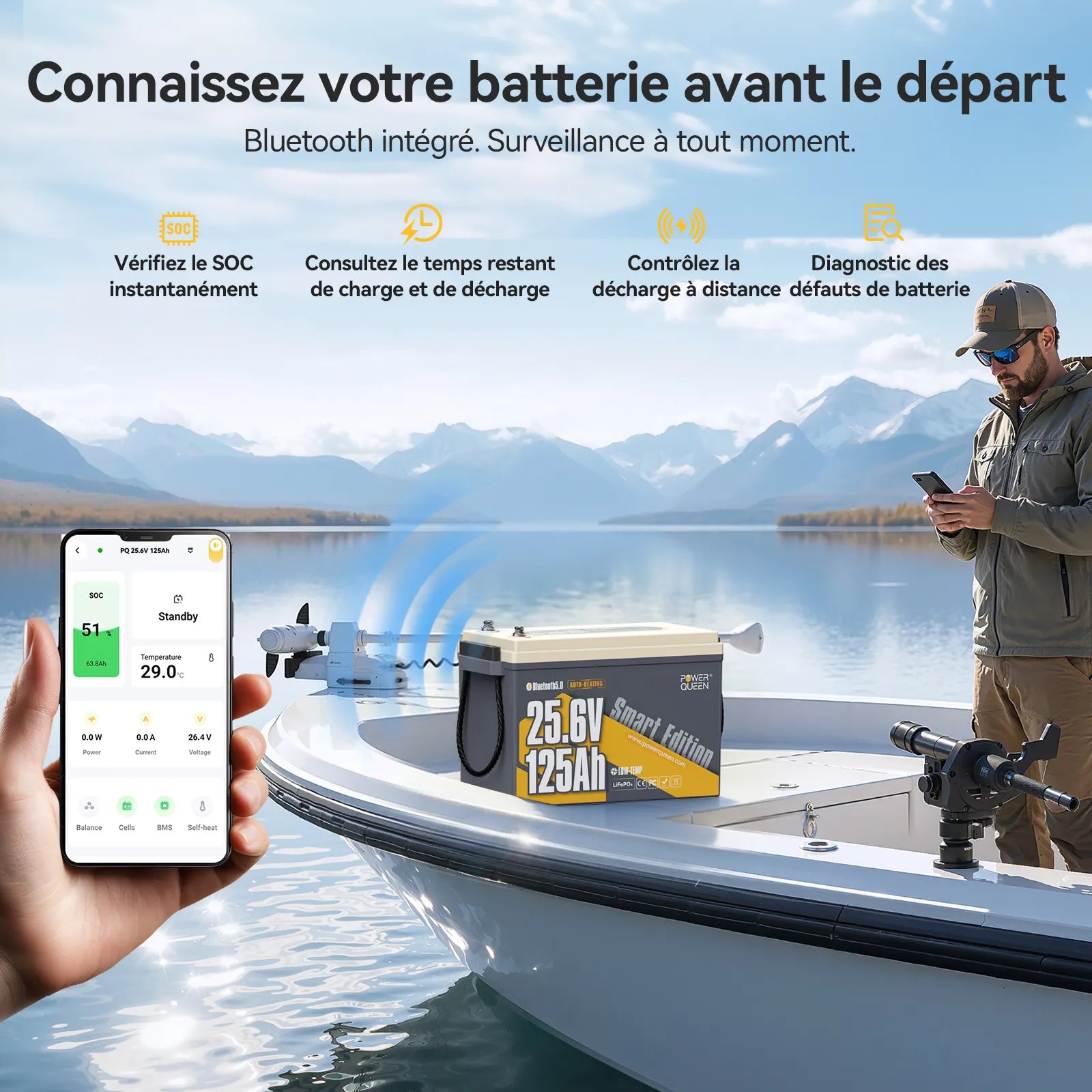 Power Queen Batterie Lithium 24V 125Ah Smart Bluetooth pour Moteur Électrique