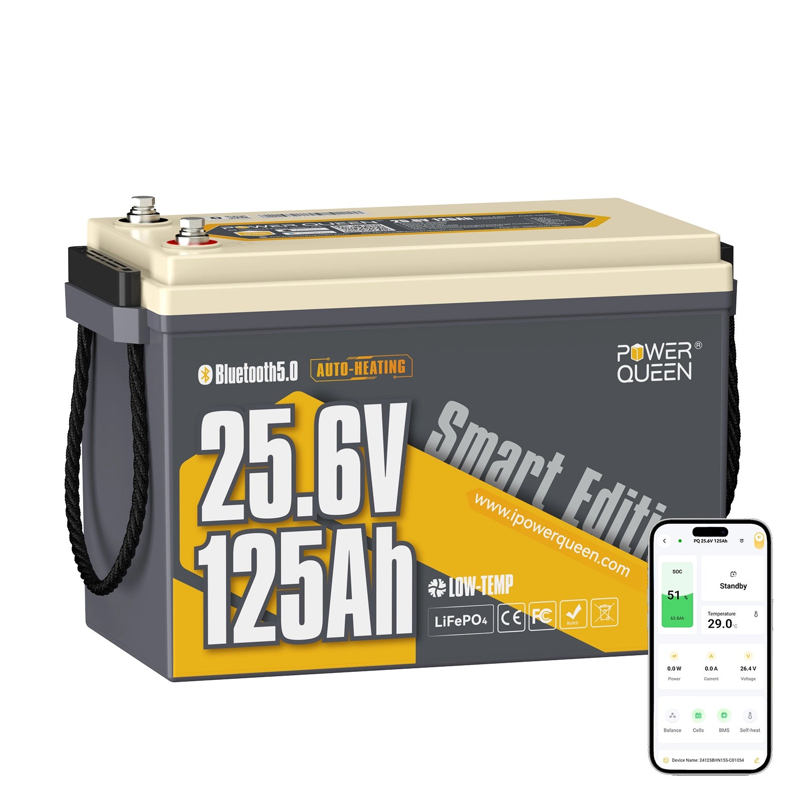 Power Queen Batterie Lithium 24V 125Ah Smart Bluetooth pour Moteur Électrique
