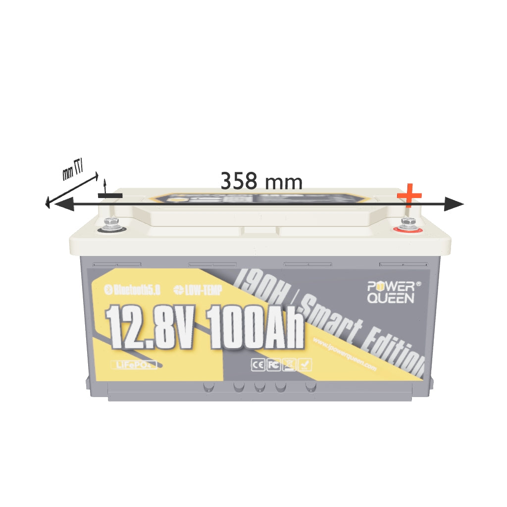 Batería LIFEPO4 12V 100AH H190 de Power Queen con Bluetooth 5.0 Inteligente