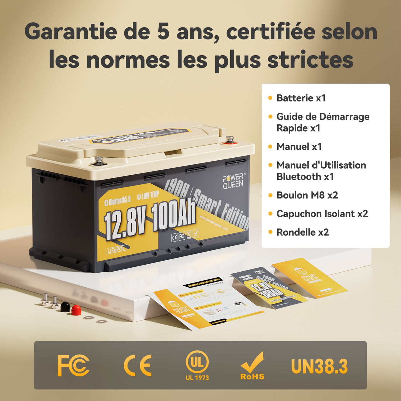 Batterie LiFePO4 12V 100Ah H190 de Power Queen avec Bluetooth 5.0 Intelligent