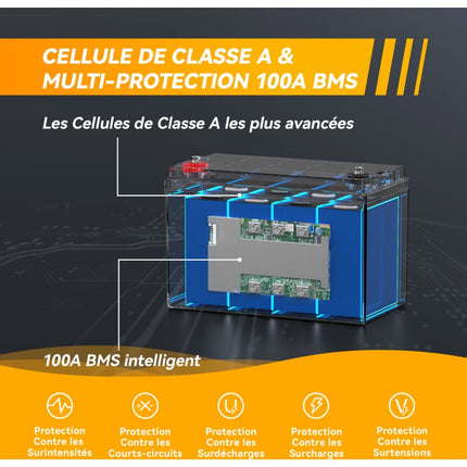 Cellules Classe A et BMS Multi-Protection, Batterie au Lithium 12V 100Ah