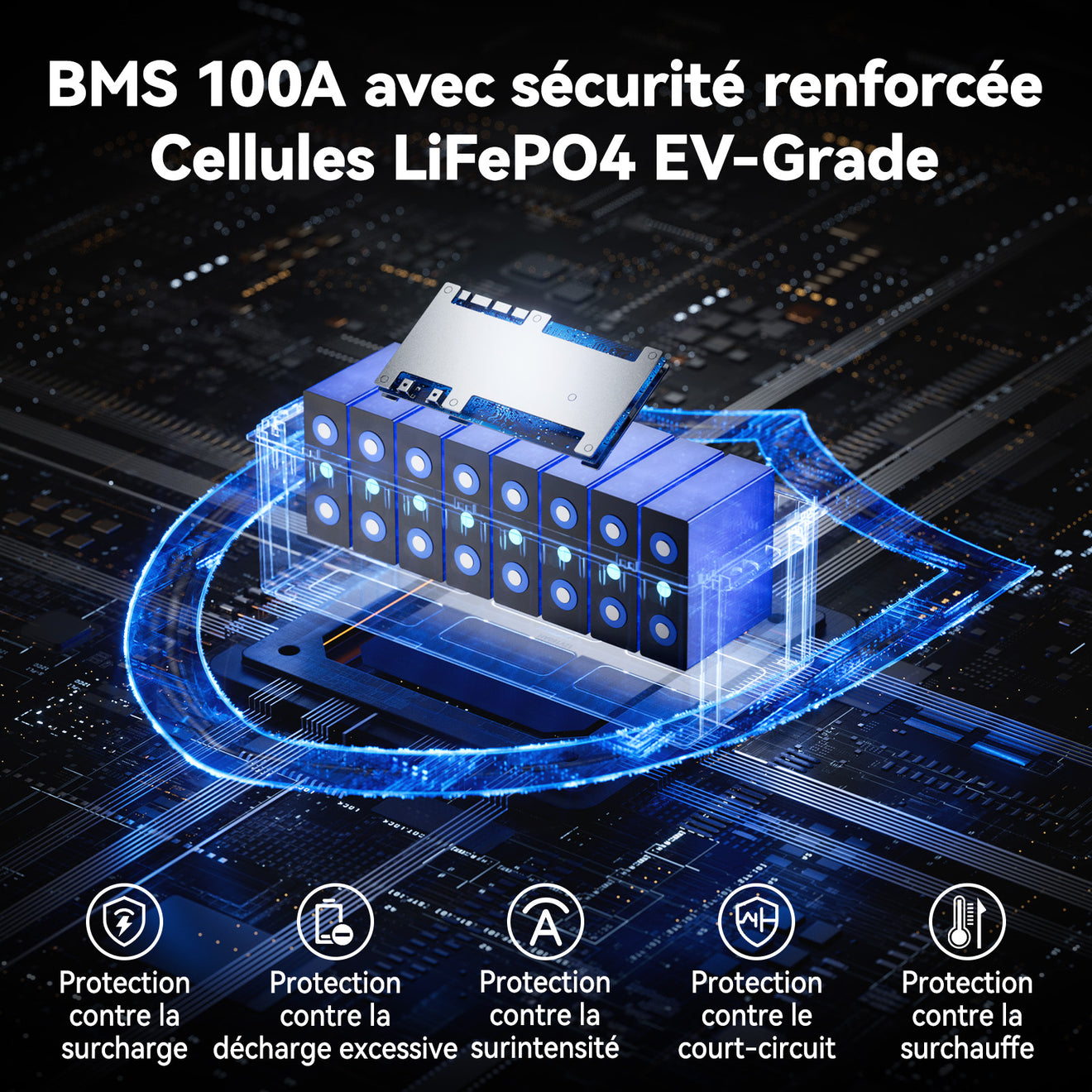 batterie lithium 200ah, bms 100a et de multiples protections