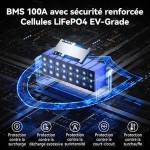 batterie lithium 200ah, bms 100a et de multiples protections
