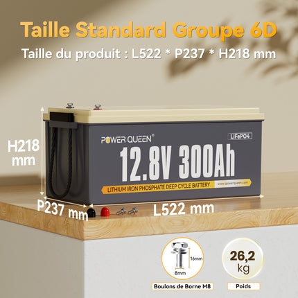 Dimension BCI Group 6D et Vis M8, Batterie LiFePO4 12V 300Ah