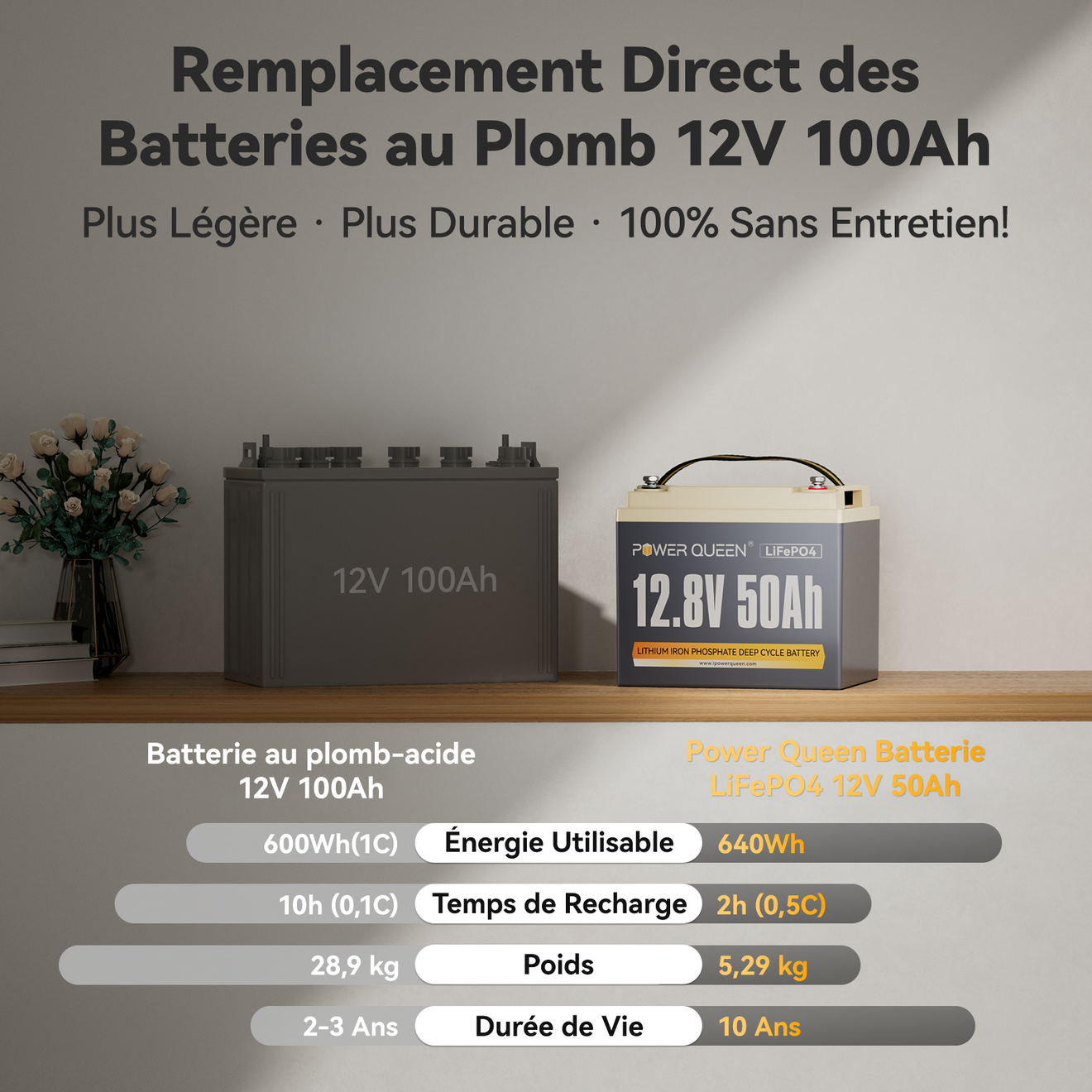 Remplace les batteries plomb, batterie lithium 12V 50Ah