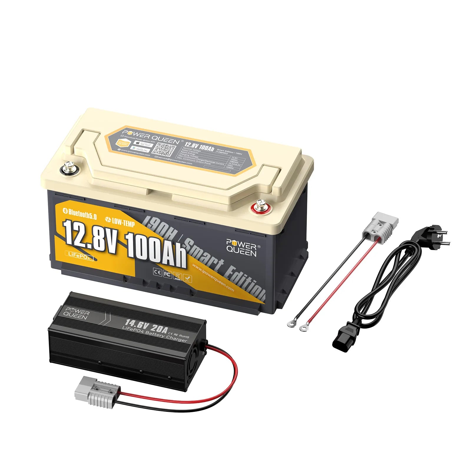 Batería LIFEPO4 12V 100AH ​​H190 de Power Queen con Bluetooth 5.0 Inteligente