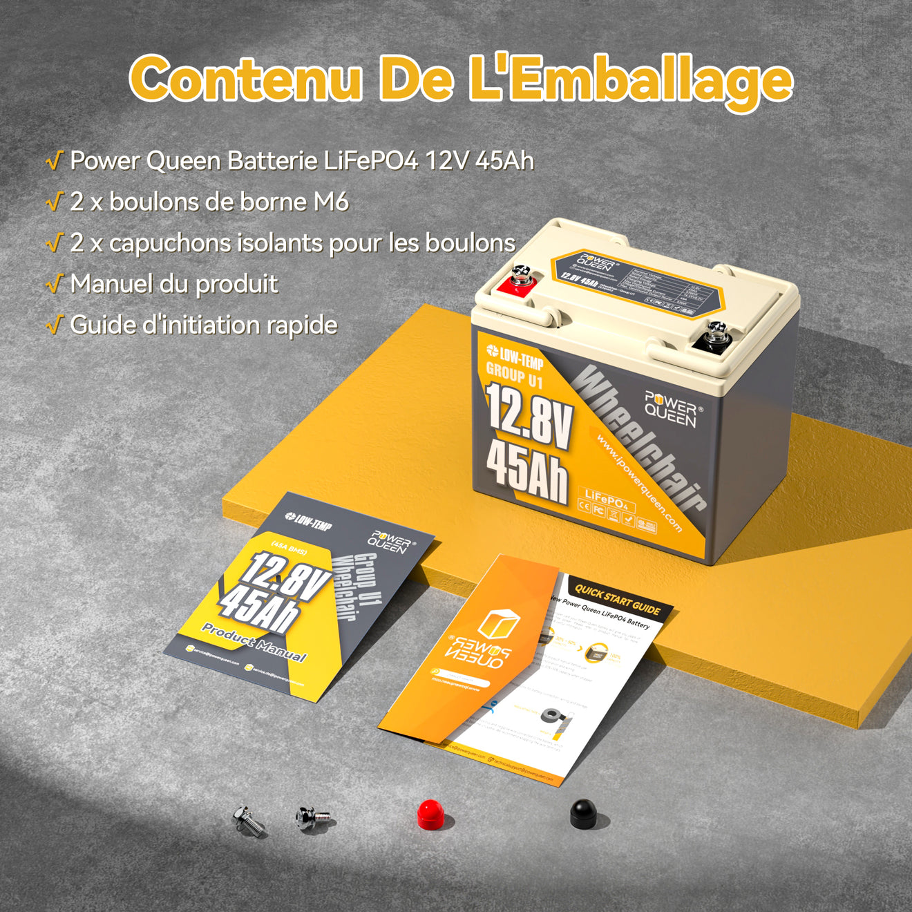 Accessoires Complets, Boulons M6 et Manuel  d'Utilisation, Batterie LFP 12V 45Ah