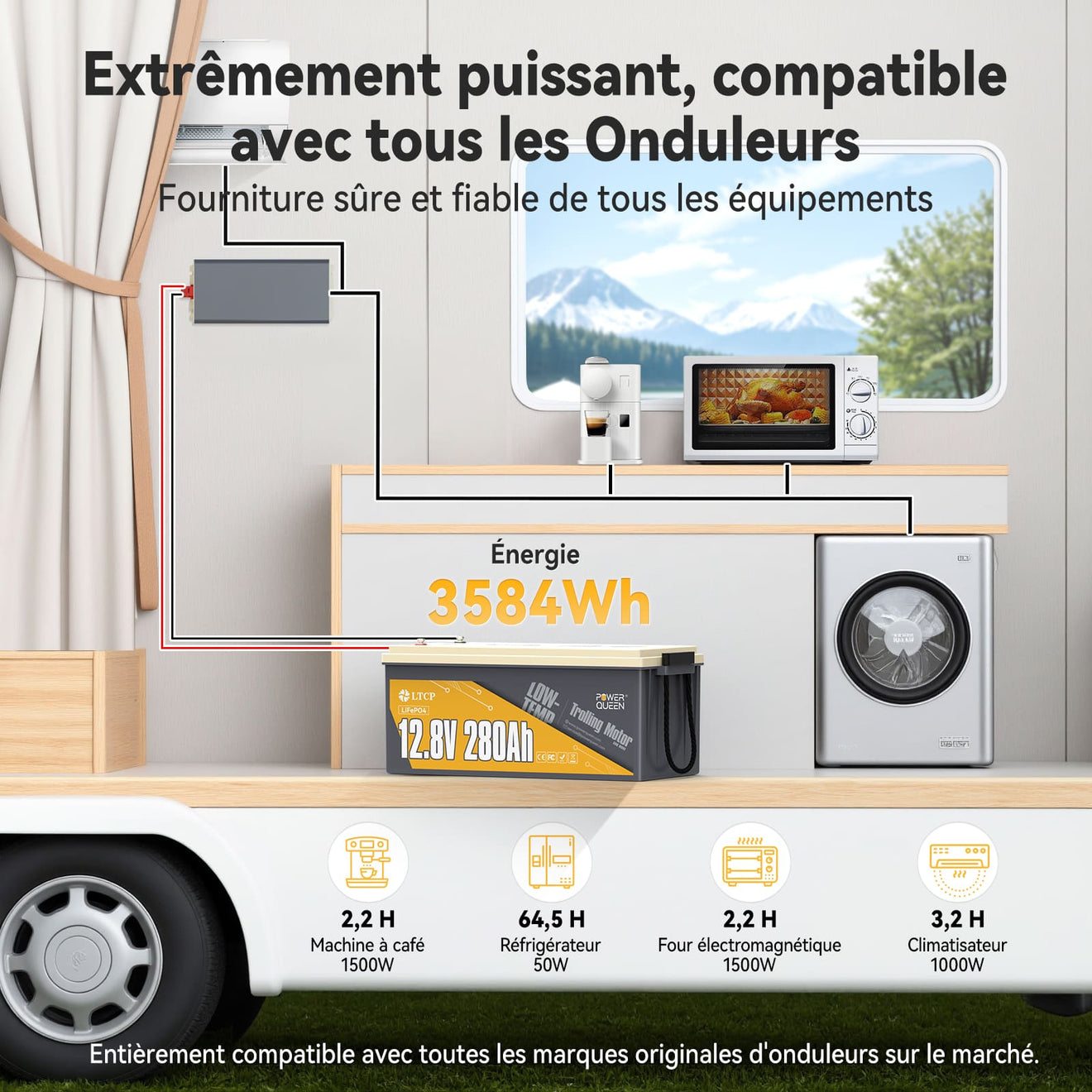 Compatible avec tous les convertisseurs, alimente les appareils, batterie lithium froid
