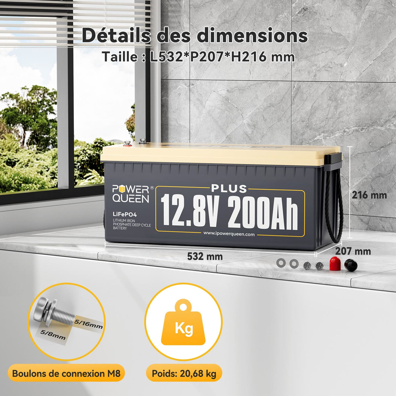 Dimesnion de batterie lifepo4 12v 200ah, bms 200a