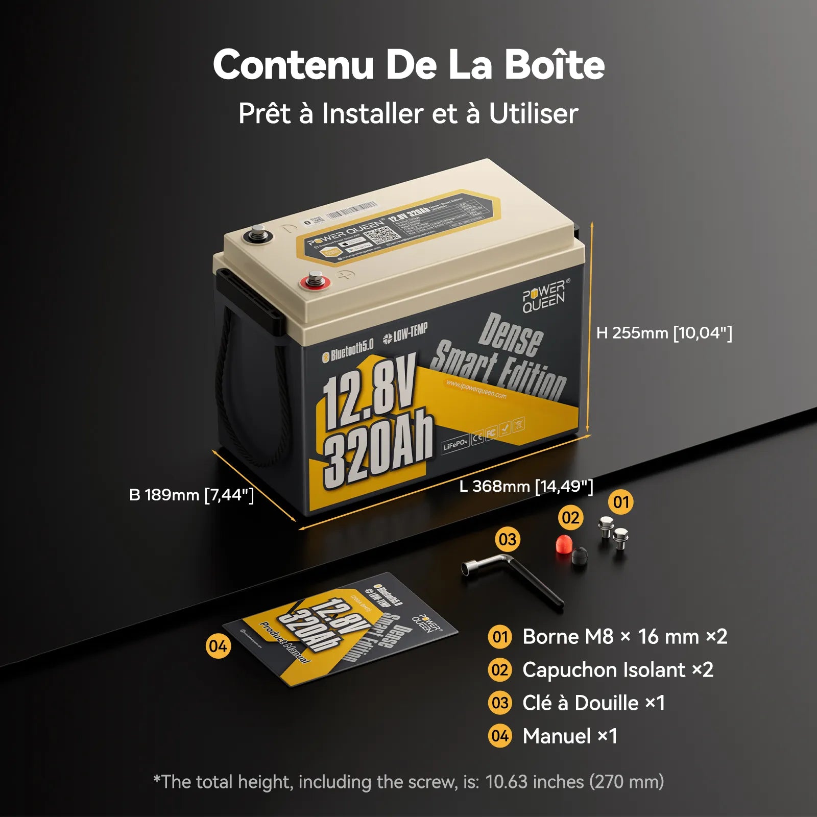 Power Queen 12V 320Ah Dense Smart Batterie LiFePO4 Sous le Siège & Bluetooth