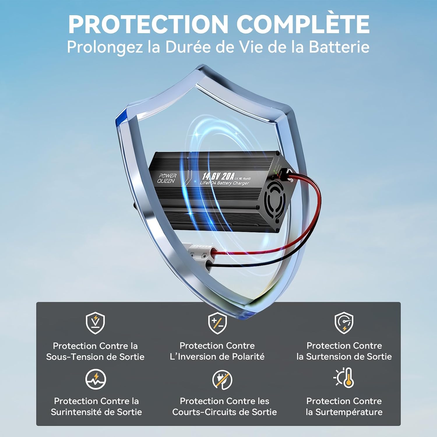 Chargeur LiFePO4 14,6V 20A Power Queen avec Connecteur Anderson