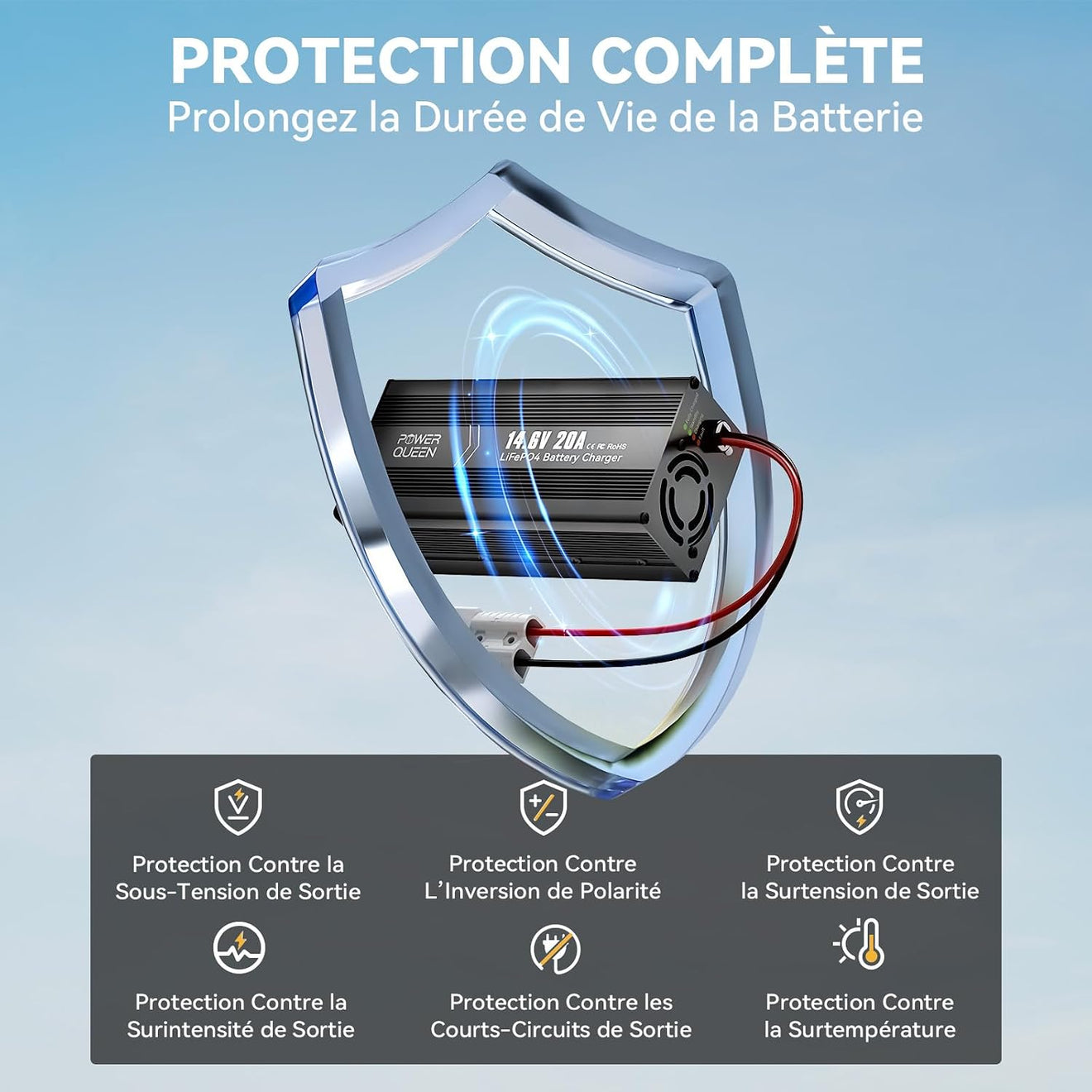 Chargeur LiFePO4 14,6V 20A Power Queen avec Connecteur Anderson