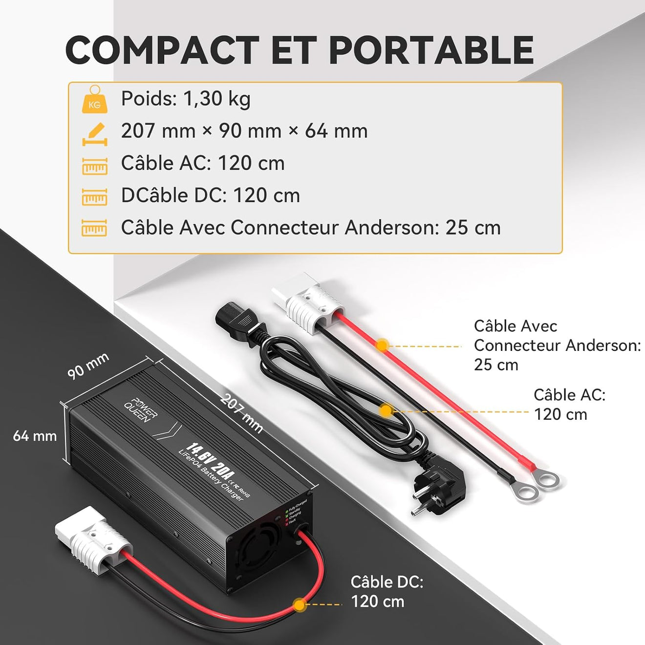 Chargeur LiFePO4 14,6V 20A Power Queen avec Connecteur Anderson