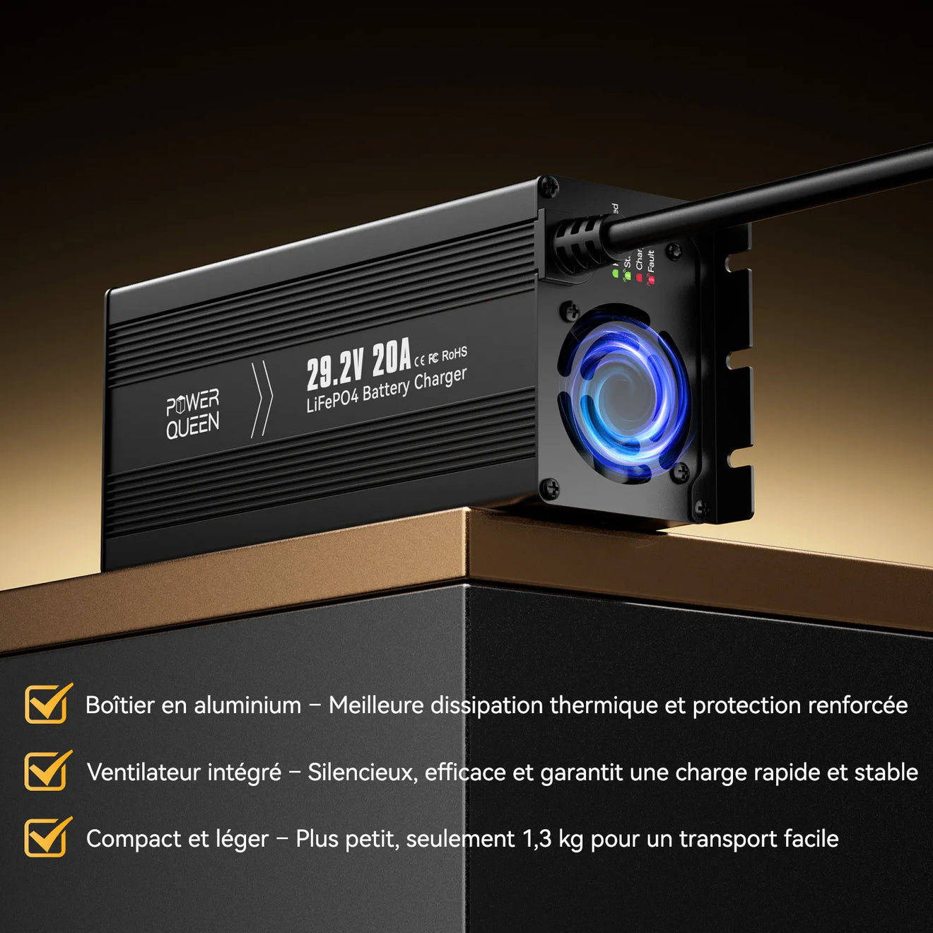 Chargeur LiFePO4 29,2V 20A Power Queen avec Connecteur Anderson