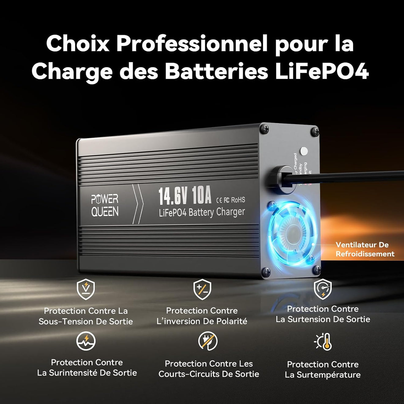 Chargeur LiFePO4 14,6V 10A Power Queen avec Connecteur Anderson