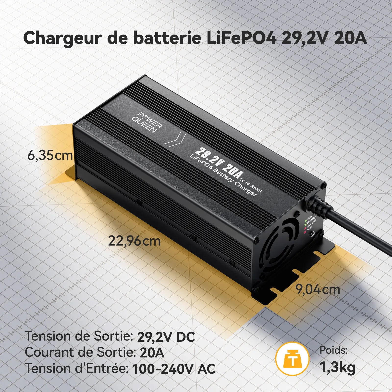 Chargeur LiFePO4 29,2V 20A Power Queen avec Connecteur Anderson