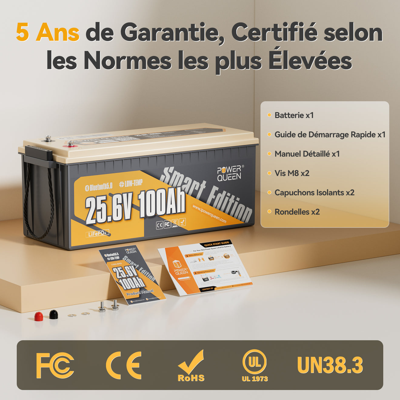 Garantie de 5 ans et multi-certifications, batterie lithium 24v 100ah