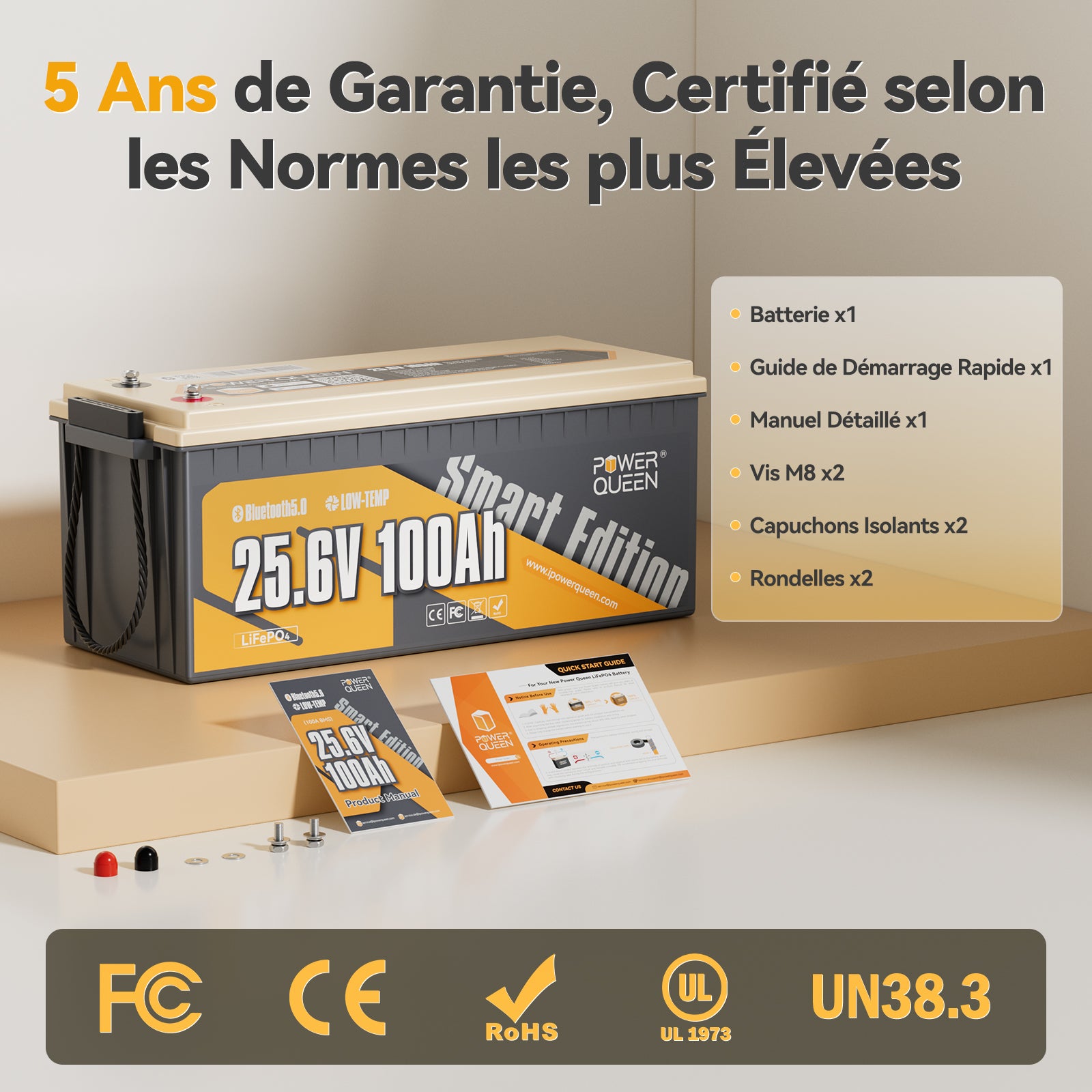 Garantie de 5 ans et multi-certifications, batterie lithium 24v 100ah