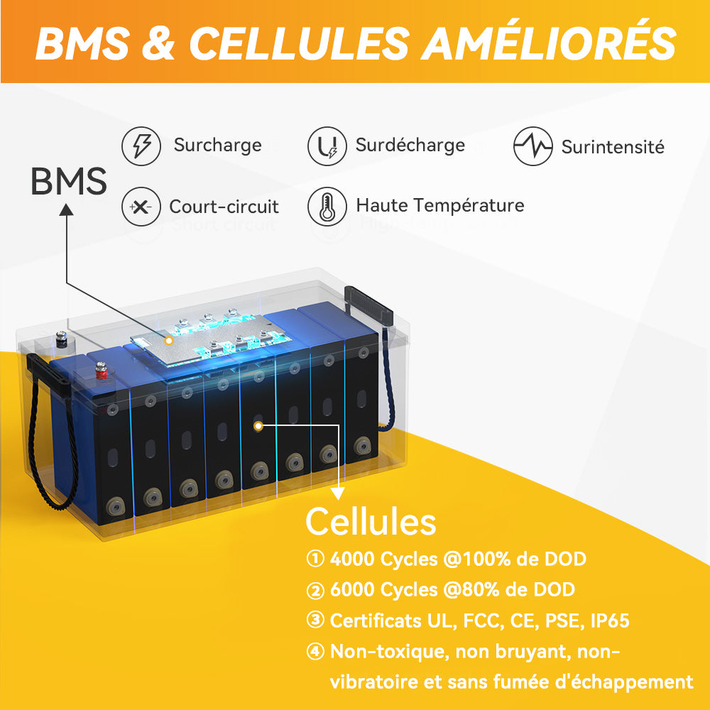 Profondeur de Décharge 100%, 4000+ Cycles, Mult-Protection, BMS 200A, Batterie Non Toxique et Écologique