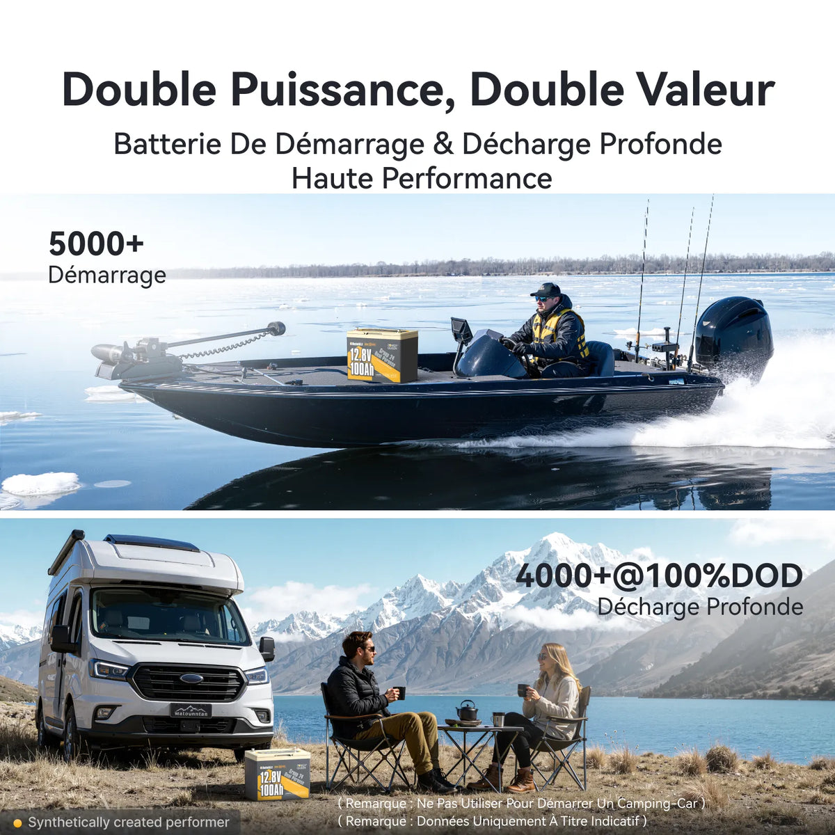 Power Queen Batterie Marine LiFePO4 12V 100Ah Group 24 - Double Usage