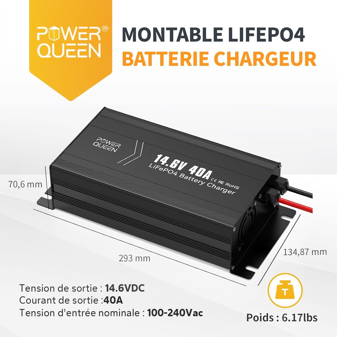 Dimension et Poids de Chargeur Lithium 14,6V 40A