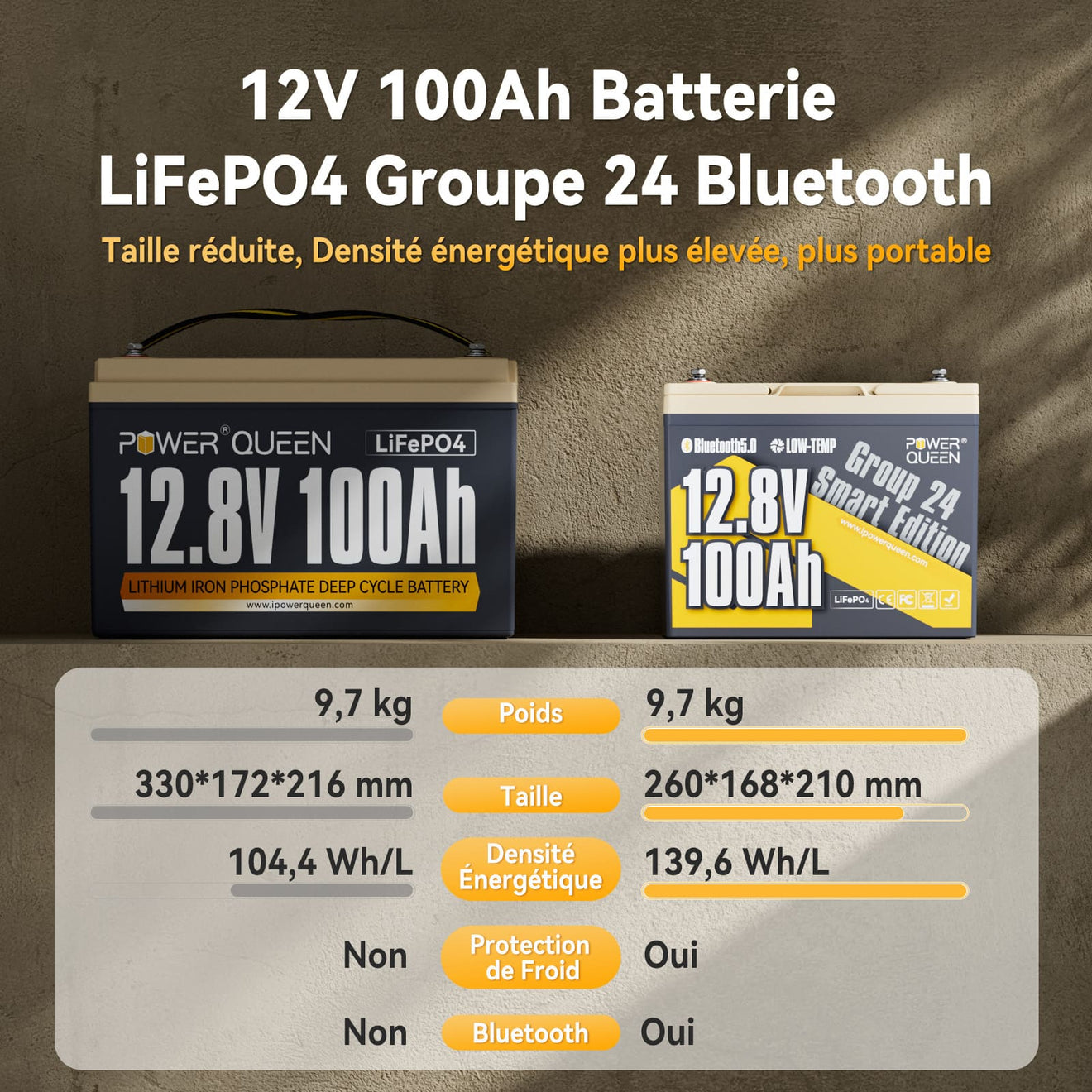 Comparer à la Batterie LiFePO4 12V 100Ah, avec Bluetooth et Fonction BT