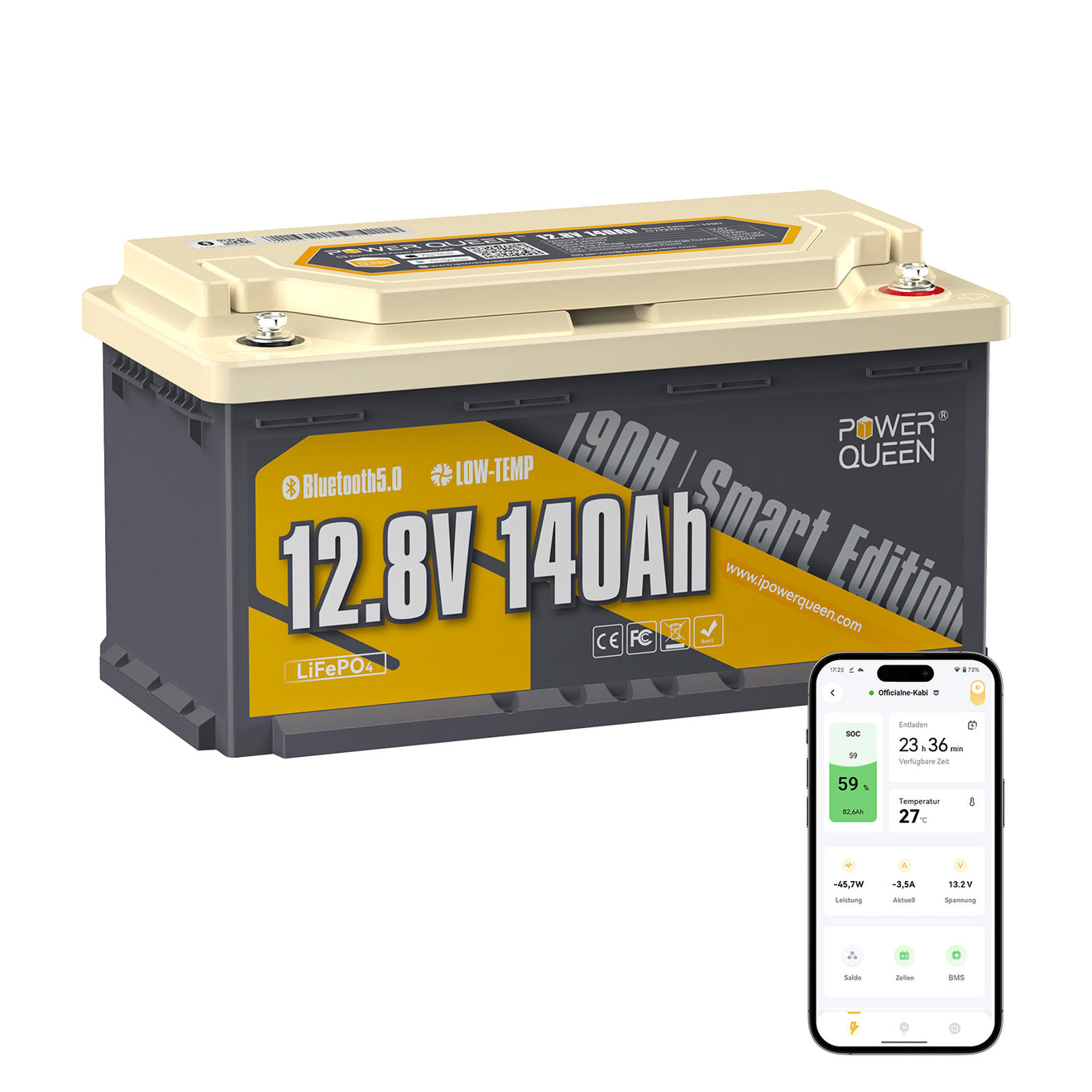 Batterie LiFePO4 12V 140Ah H190 de Power Queen avec Bluetooth