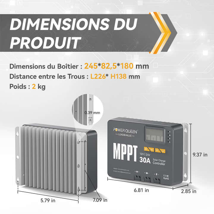 Régulateur MPPT 30A 12V/24V - Écran Couleur + USB - Pour Panneaux Solaires, Batterie Li/AGM/GEL - 6