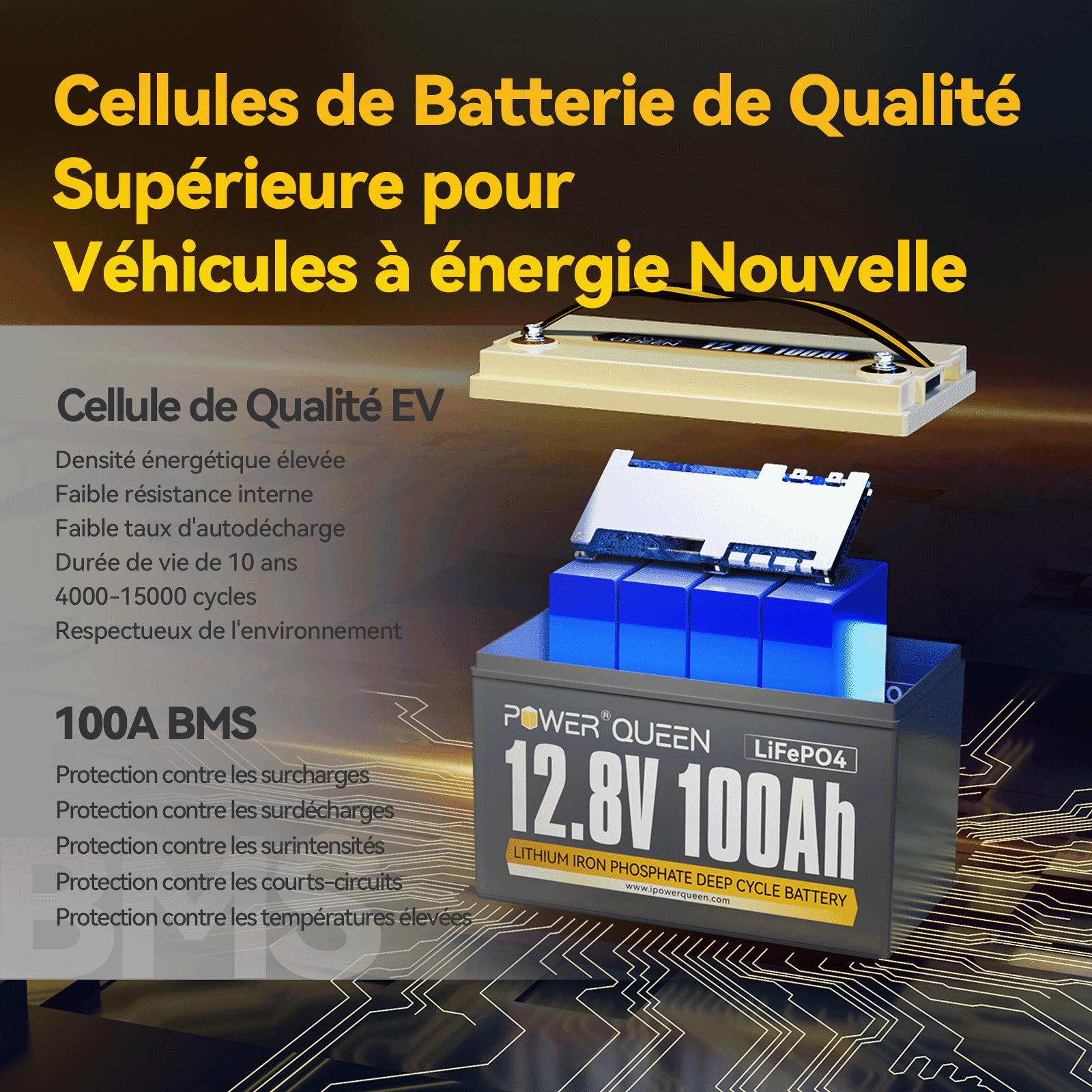 Fonction BMS 100A et Cellules de Qualité EV, Batterie Lithium 12V 100Ah