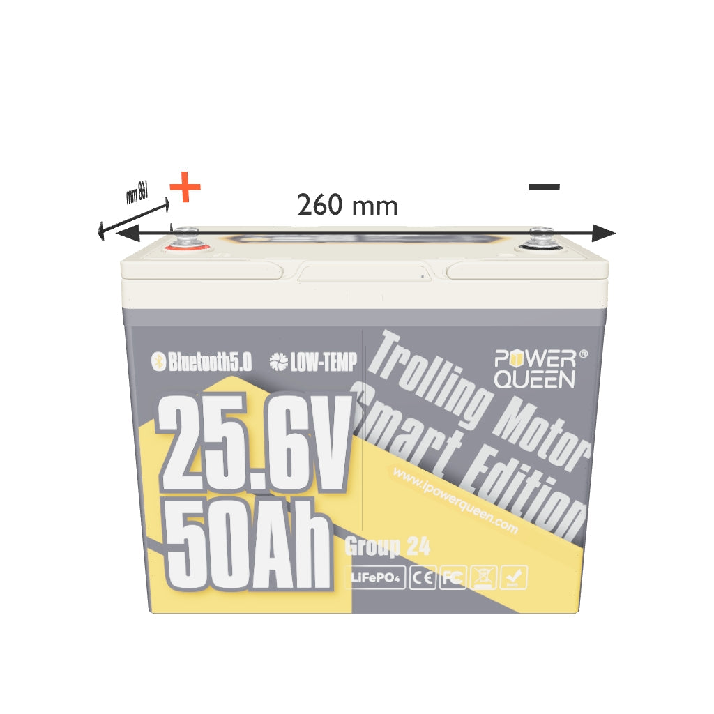 Batteria LifePO4 24V da 50 AH da Power Queen con Bluetooth intelligente per motori da pesca in treno
