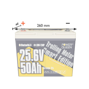 Batteria LifePO4 24V da 50 AH da Power Queen con Bluetooth intelligente per motori da pesca in treno